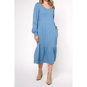 Denim&Co Light Blue Tiered Long Sleeve Midi Dress